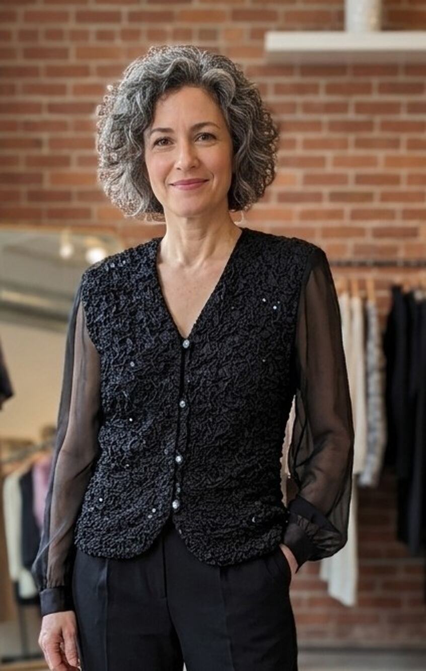 Chic 90s Vintage Sequin Blouse Evening Cocktail Top Sheer Long Sleeve Black M
